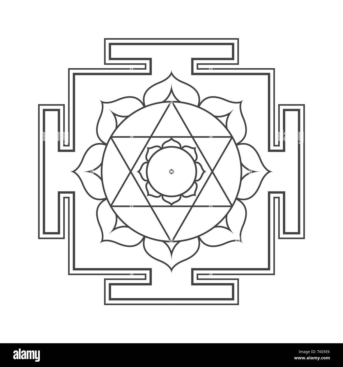 vector design black monochrome Devi Kamala aspect Kamalatmika Yantra Dasa Mahavidya sacred geometry divine mandala illustration bhupura lotus petals i Stock Vector