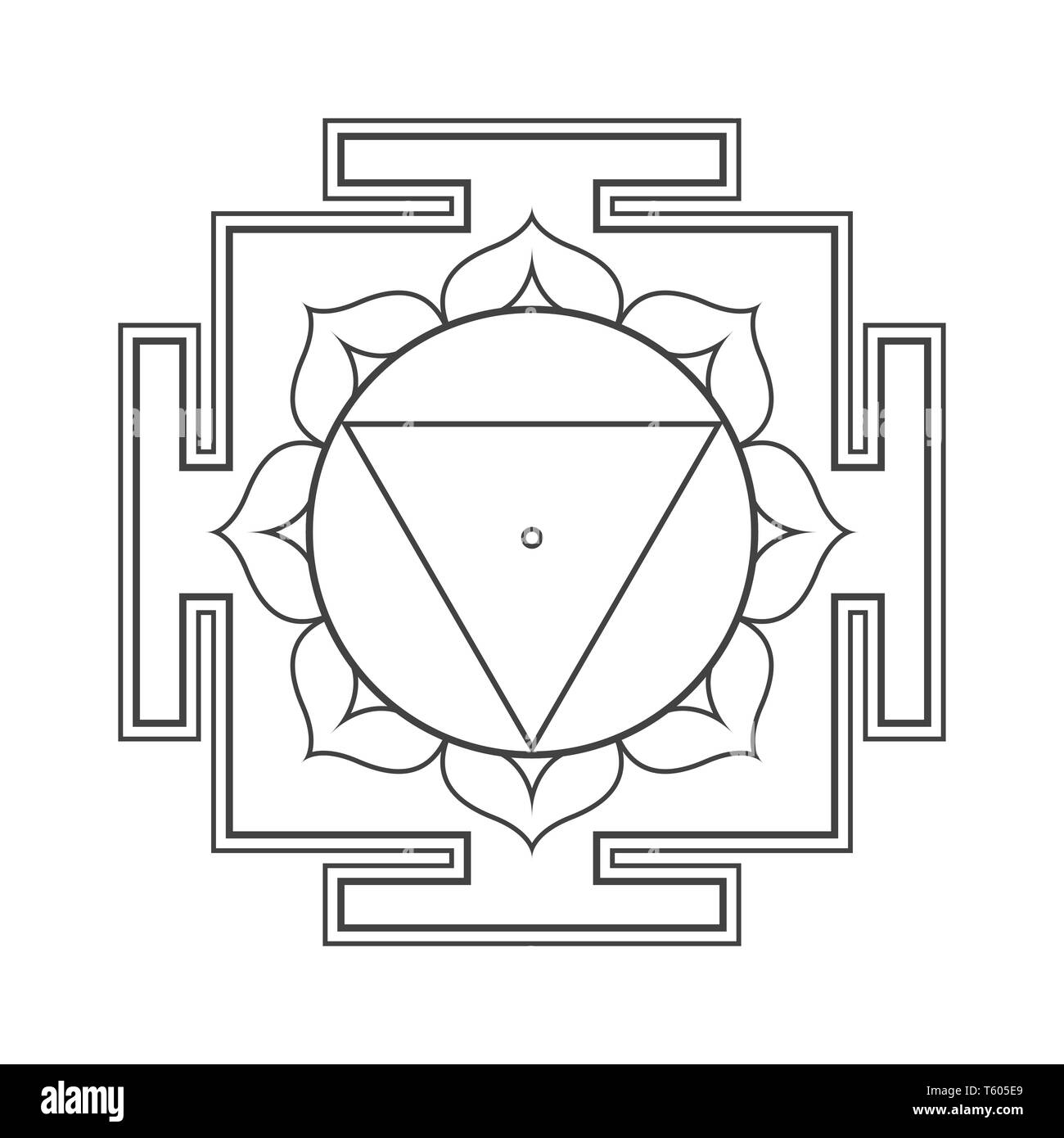 vector design black monochrome Tara aspect Yantra Dasa Mahavidya sacred geometry divine mandala illustration bhupura lotus petals isolated white backg Stock Vector