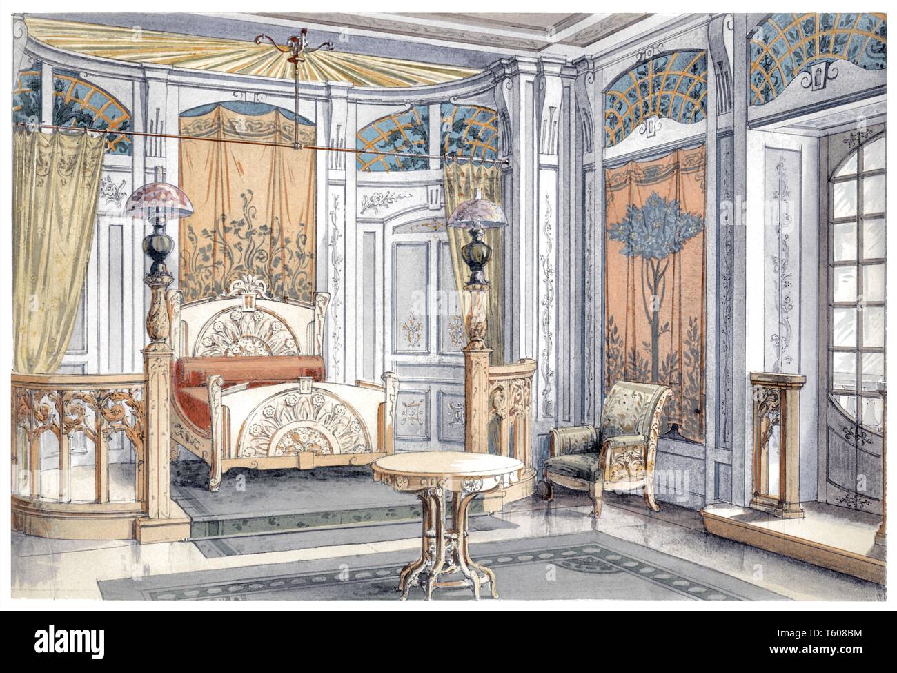 Bedroom, overview in perspective. Vintage Art Nouveau illustration by ...