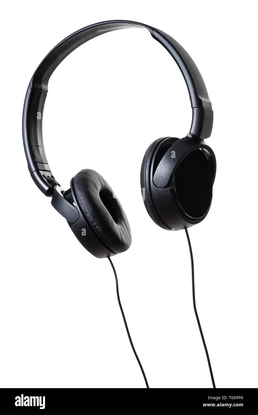 wired black headphone isolated over white background Stock Photo