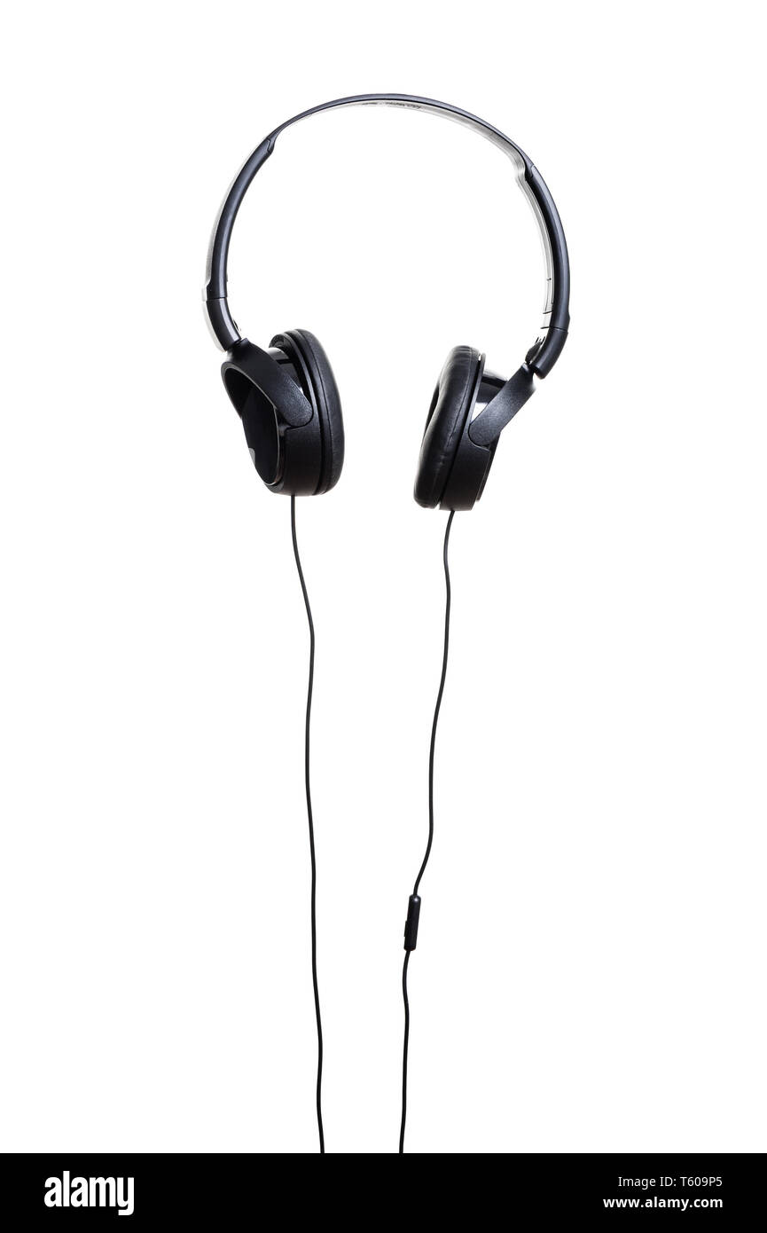 wired black headphone isolated over white background Stock Photo