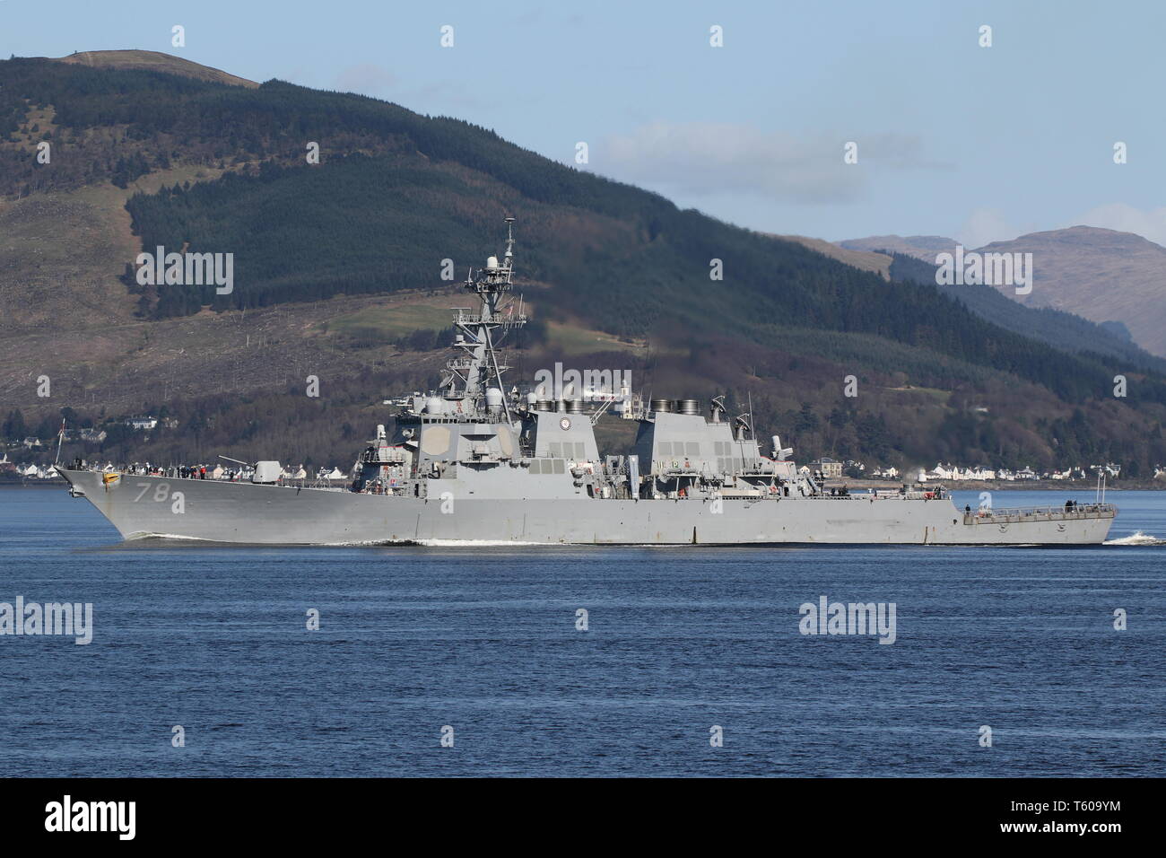 USS Porter (DDG-78), an Arleigh Burke-class destroyer operated by the United States Navy, passing Gourock at the start of Exercise Joint Warrior 19-1. Stock Photo