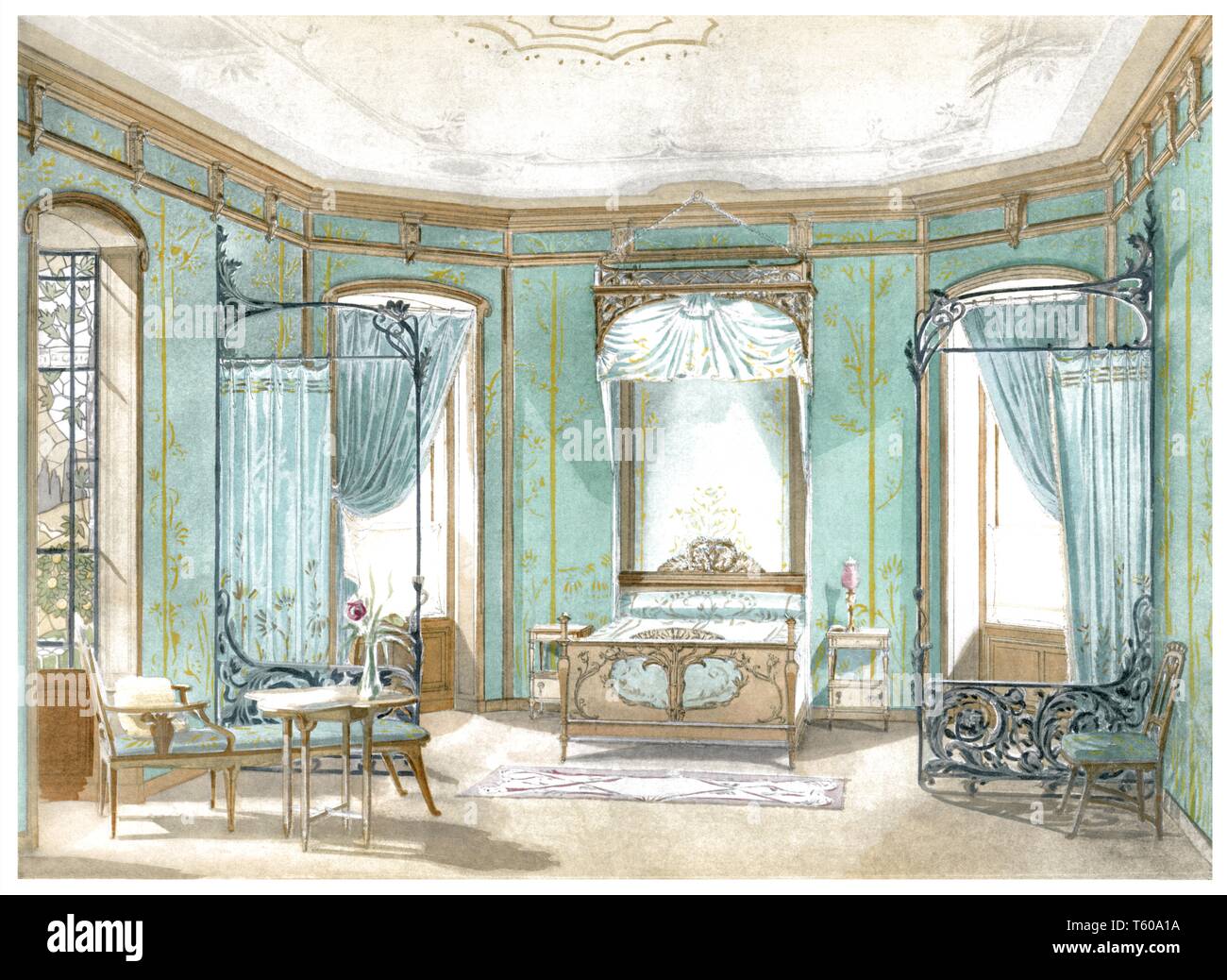 Bedroom, overview in perspective. Vintage Art Nouveau illustration by ...