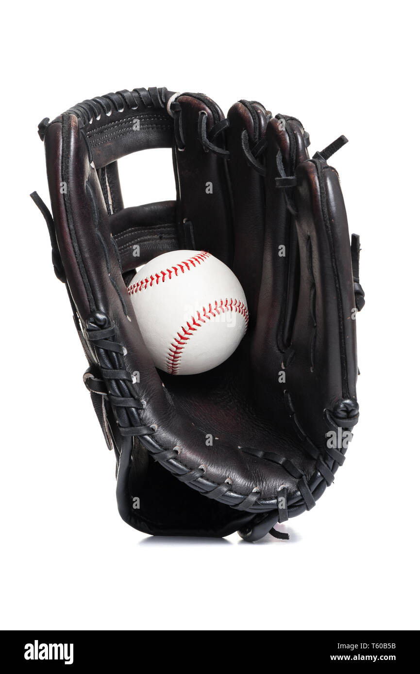 chocolate brown baseball glove with the ball isolated over white