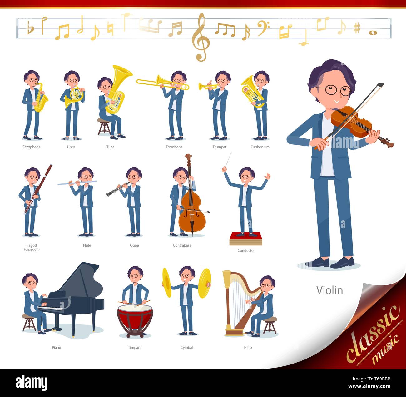 A set of businessman on classical music performances.There are actions