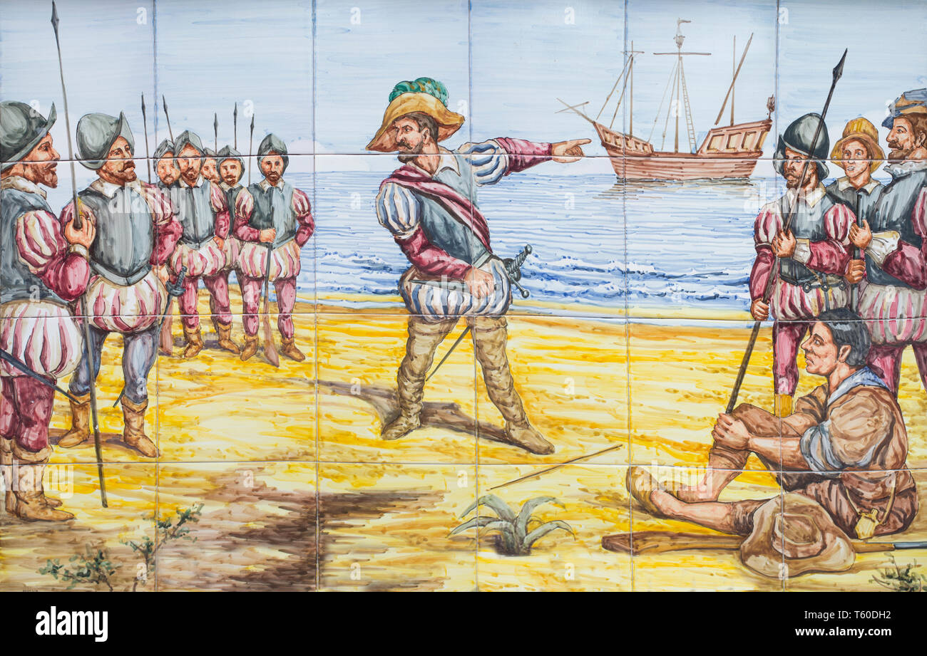 Francisco Pizarro at Gallo Island with the Famous Thirteen. Spanish Conquistador of Inca Empire Stock Photo