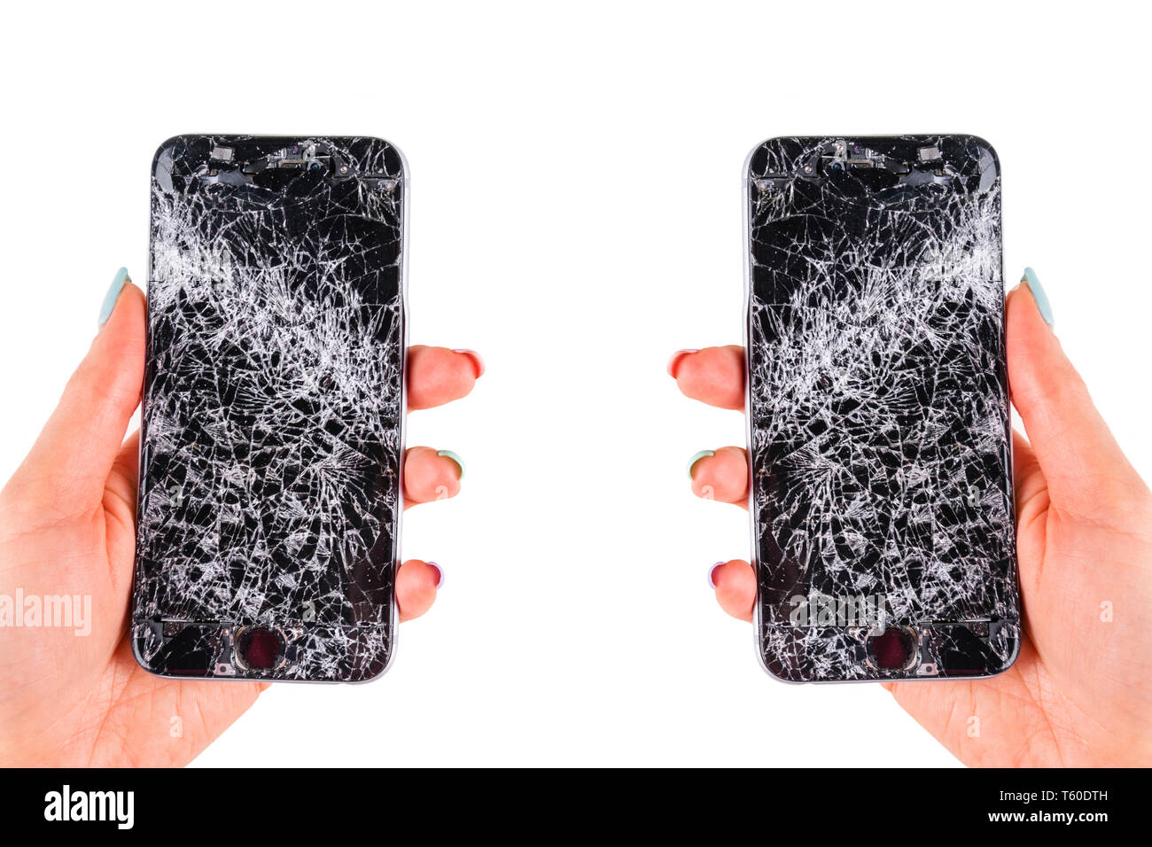 Woman hand holding modern mobile smartphone broken screen and damages.  Cellphone crashed and scratch. Device destroyed. Smash gadget, need repair.  Iso Stock Photo - Alamy