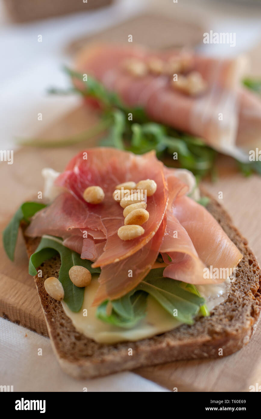 Bread with eggs and prosciutto Stock Photo Alamy