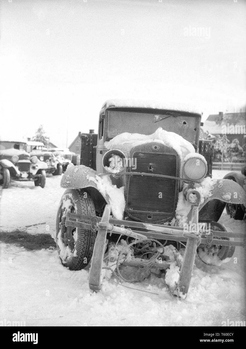 The Winter War. A military conflict between the Soviet union and Finland. It began with a Soviet invasion on november 1939 when Soviet infantery crossed the border on the Karelian Isthmus.  Here at Rovaniemi, North Finland. The unit called Lapland Group successfully stopped the Soviet troups,  though outnumbered, at Salla and Petsamo. Picture shows Soviet trucks taken by the Finnish army. January 1940. Photo Kristoffersson ref 96-9 Stock Photo