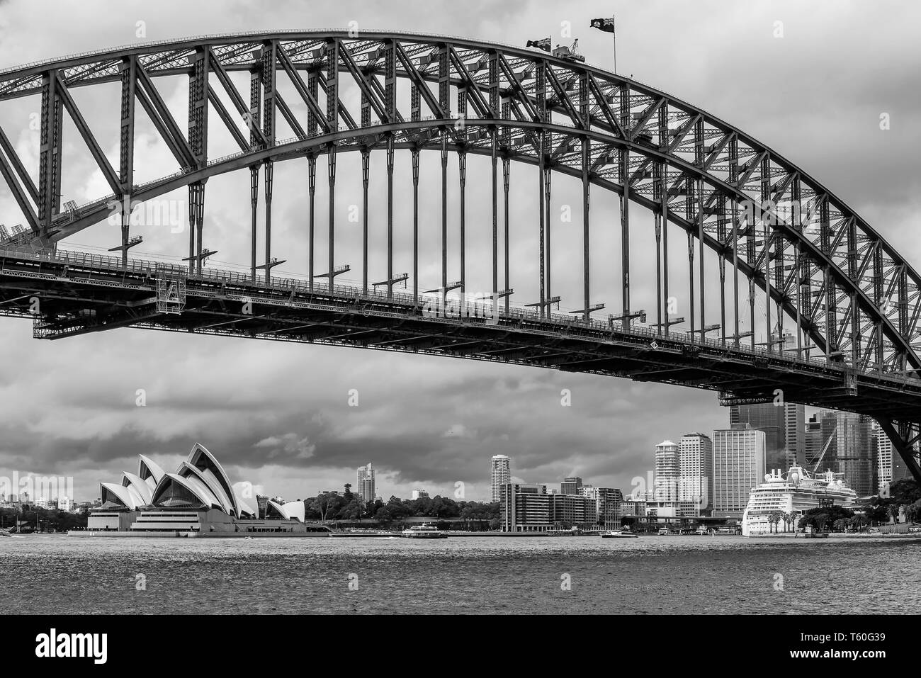 Black and white view of downtown Sydney seen from the amusement park area, New South Wales, Australia Stock Photo