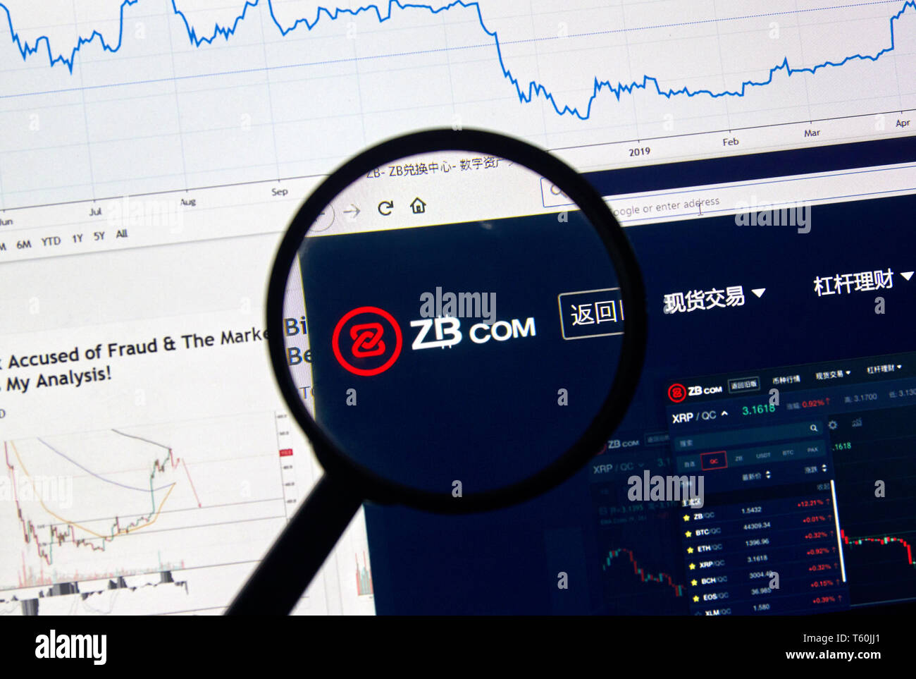 MONTREAL, CANADA - APRIL 26, 2019: ZB.com cryptocurrency digital assets exchange logo and home page on a laptop screen under magnifying glass. Stock Photo