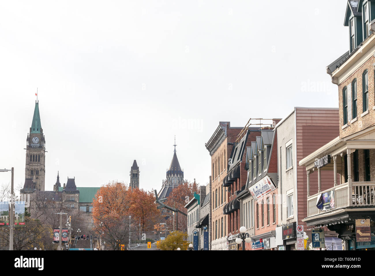 OTTAWA, CANADA - NOVEMBER 11, 2018: Canadian Parliamentary complex on Parliament Hill seen from the lower town of Ottawa also called ByWard market. Th Stock Photo