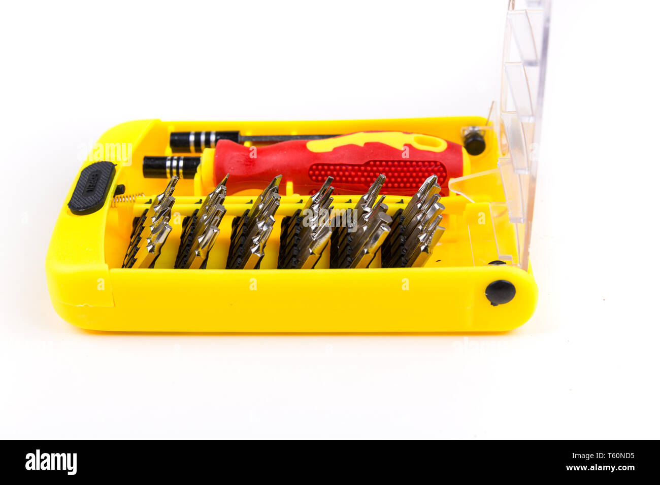 Red black and yellow screwdriver and tool bit set Stock Photo Alamy