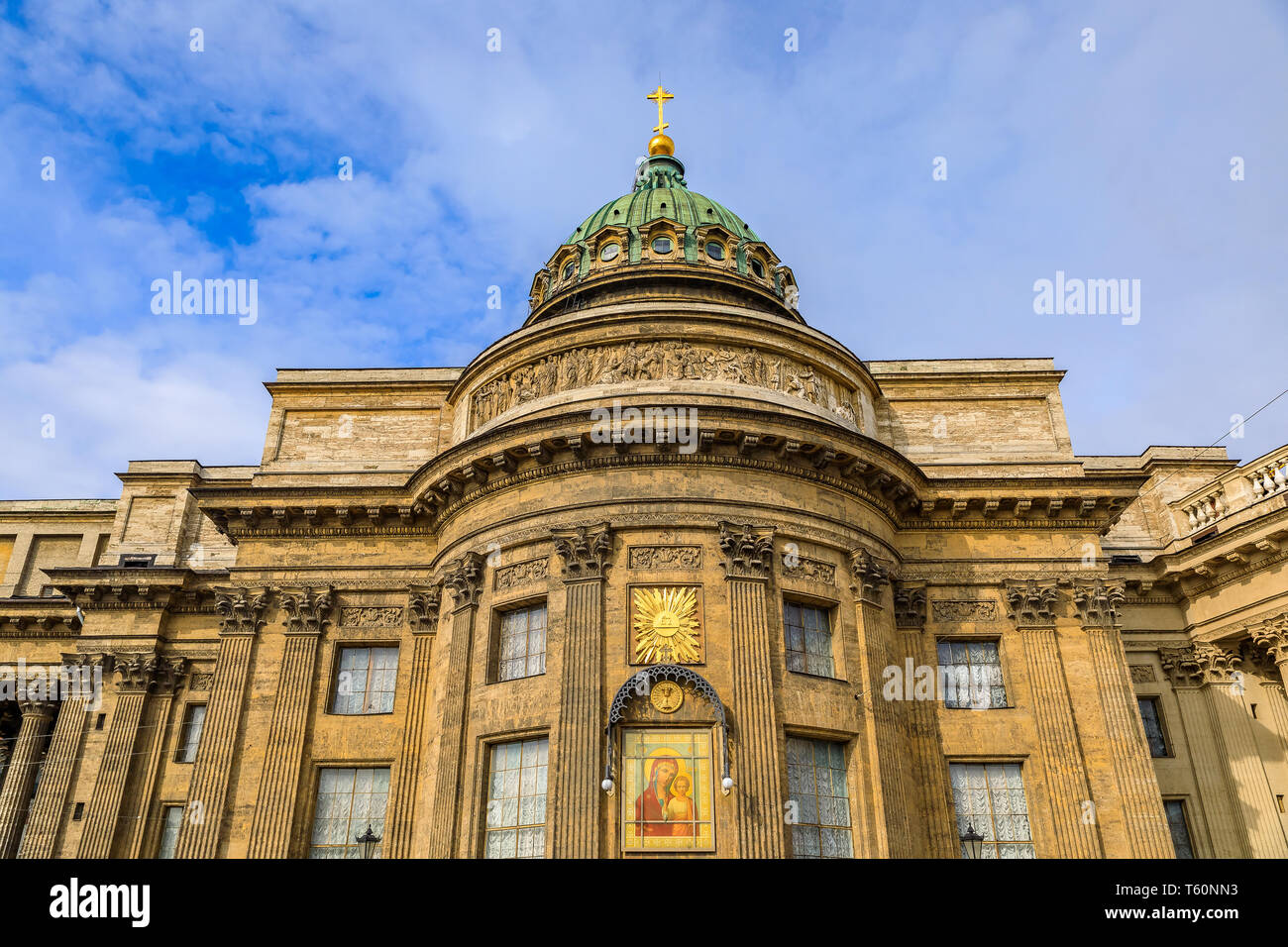 Exterior of Kazan Cathedral Nevsky Prospekt with an icon on the wall outside in Saint Petersburg Russia Stock Photo