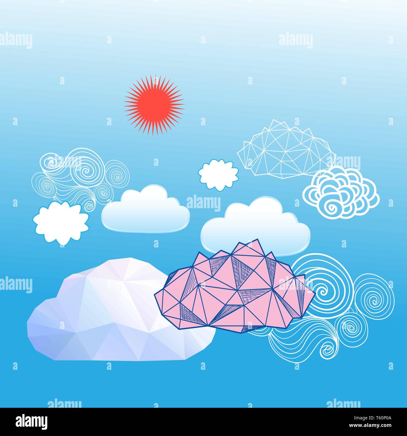 Vector bright background blue sky with different clouds Stock Vector
