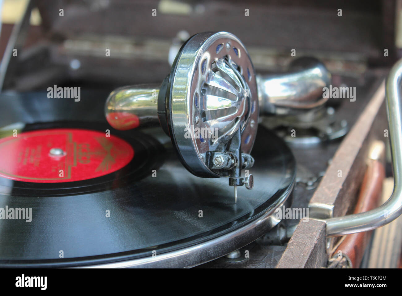 Portable old soviet gramophone close up Stock Photo