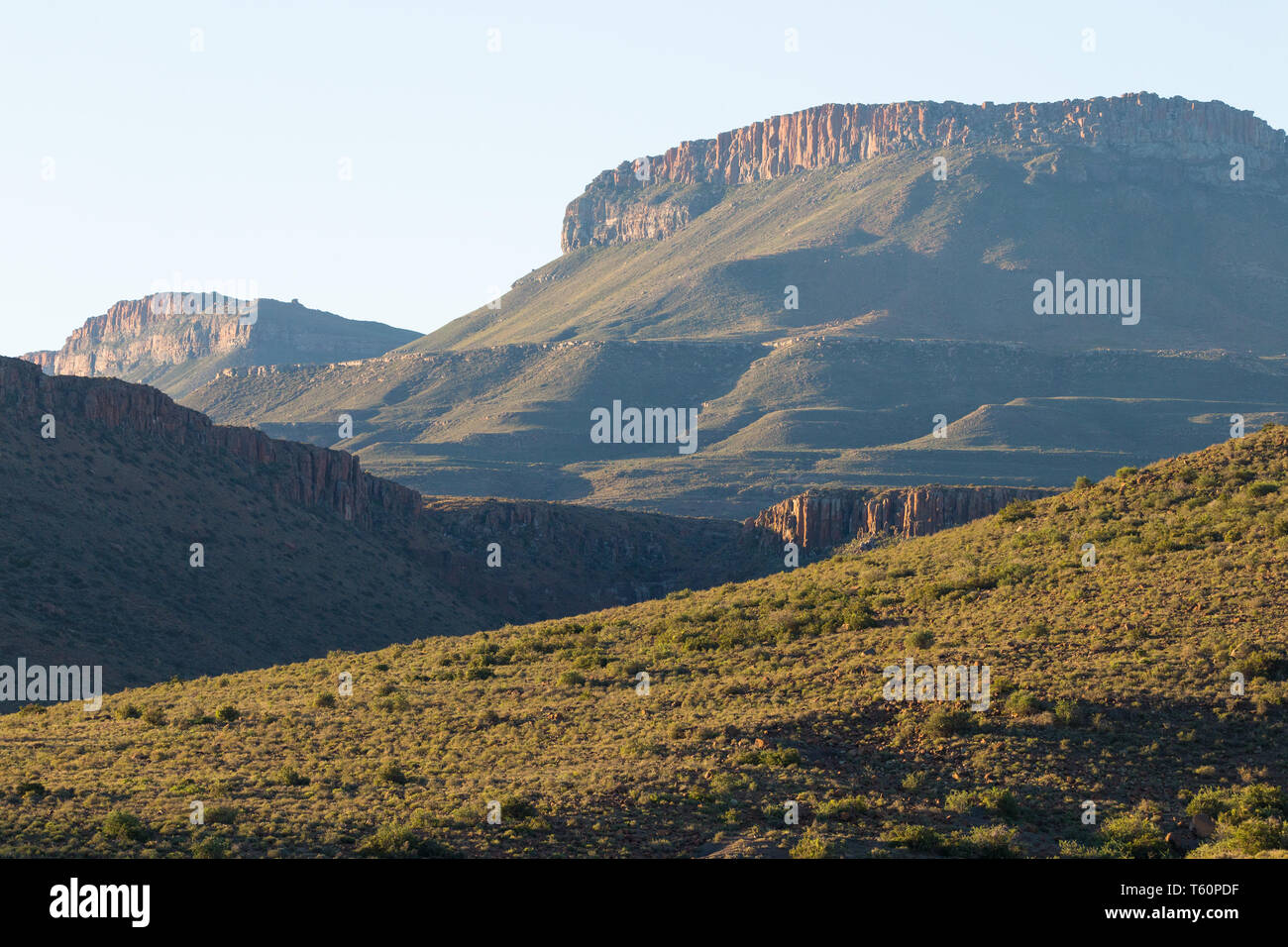 Karoo sunset landscape of hills or koppies softly lit by late Autumn or Fall sun on a semi desert region of South Africa in the Karoo National Park Stock Photo
