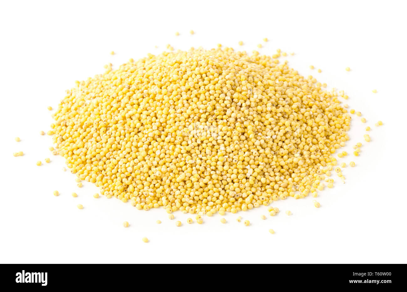 Pile of golden millet, a gluten free grain seed, over white background Stock Photo