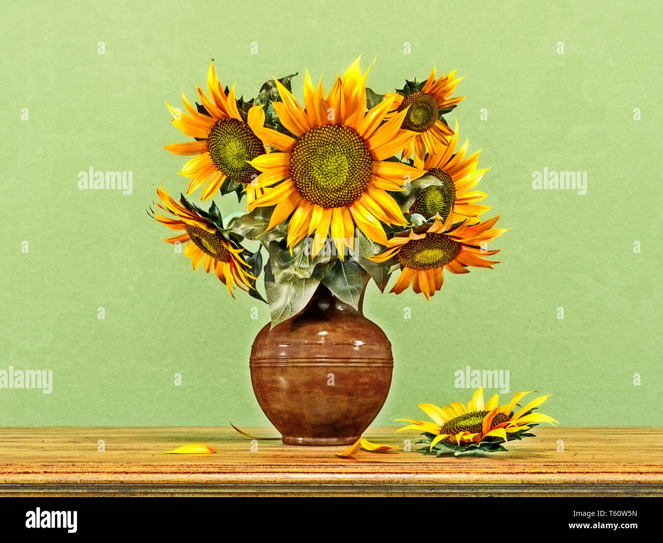 Bouquet of sunflowers in an old ceramic vase, summer decoration, countryside style, retro, vintage, 3d rendering, 3d illustration Stock Photo