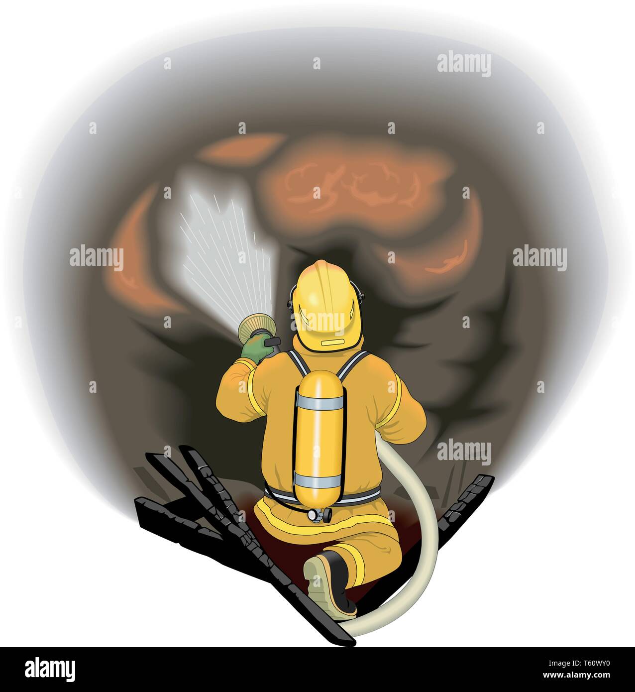 Firefighter Attacking Fire Vector Illustration Stock Vector