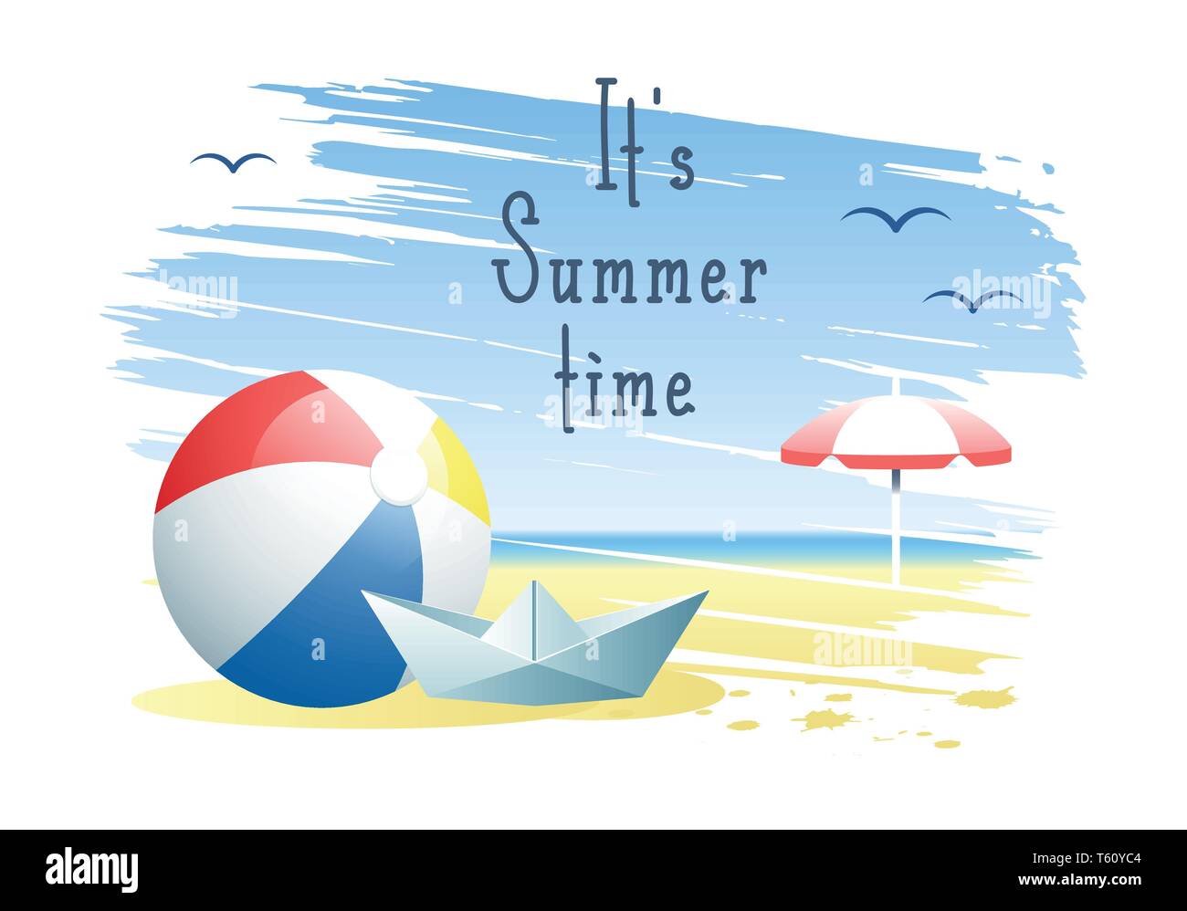 It's Summer Time. Beach ball with paper boat and beach umbrella on the sand beach background. Vector illustration. Stock Vector