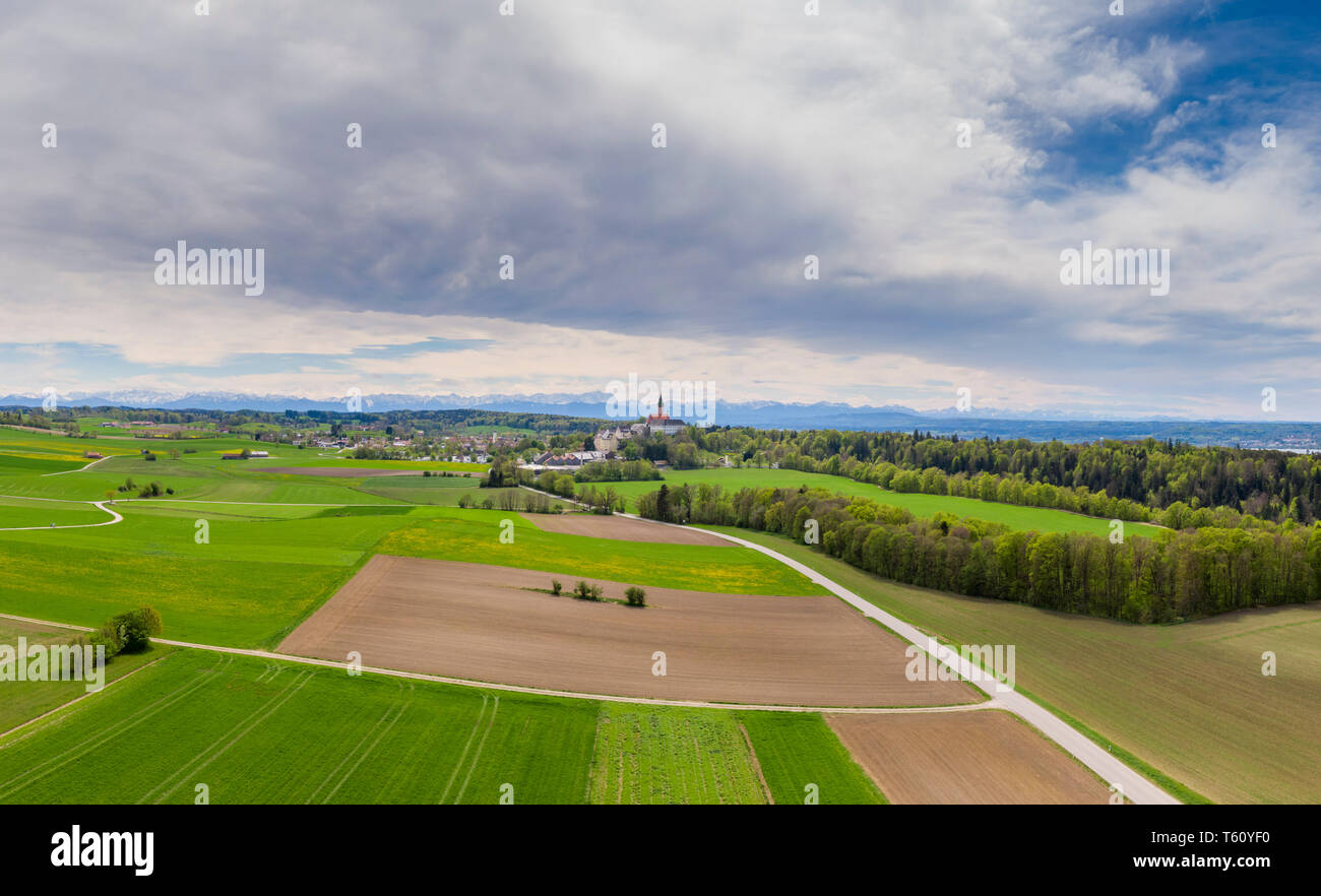 Landscape in spring at Erling - Kloster Andechs, Fünf-Seen-Land, Upper Bavaria, Bavaria, Germany, Europe Stock Photo
