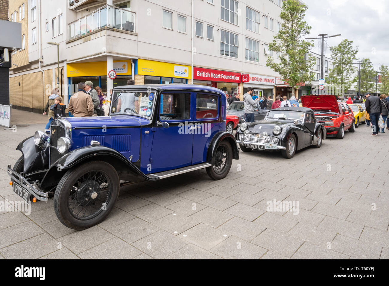 Farnborough Car Show, April 2019, classic motor vehicles on display in the town centre, Hampshire, UK Stock Photo