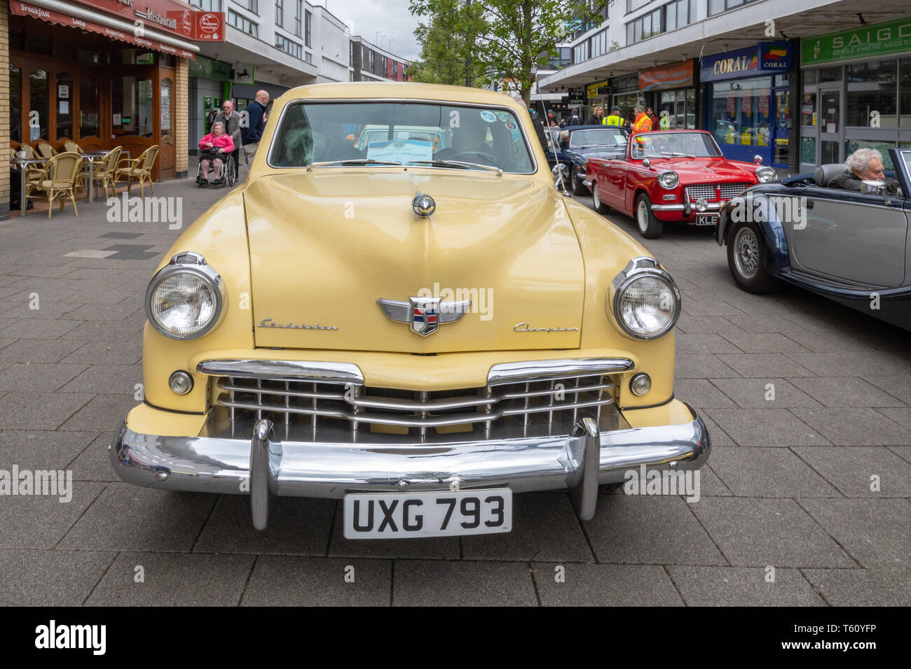Yellow 1949 Studebaker Champion, an American vintage car at a classic motor vehicle show in the UK Stock Photo