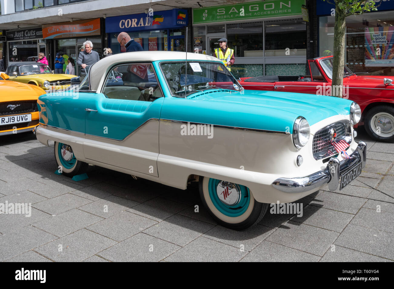 Blue and white 1958 Austin Nash Metropolitan vintage car at a classic motor vehicle show in the UK Stock Photo