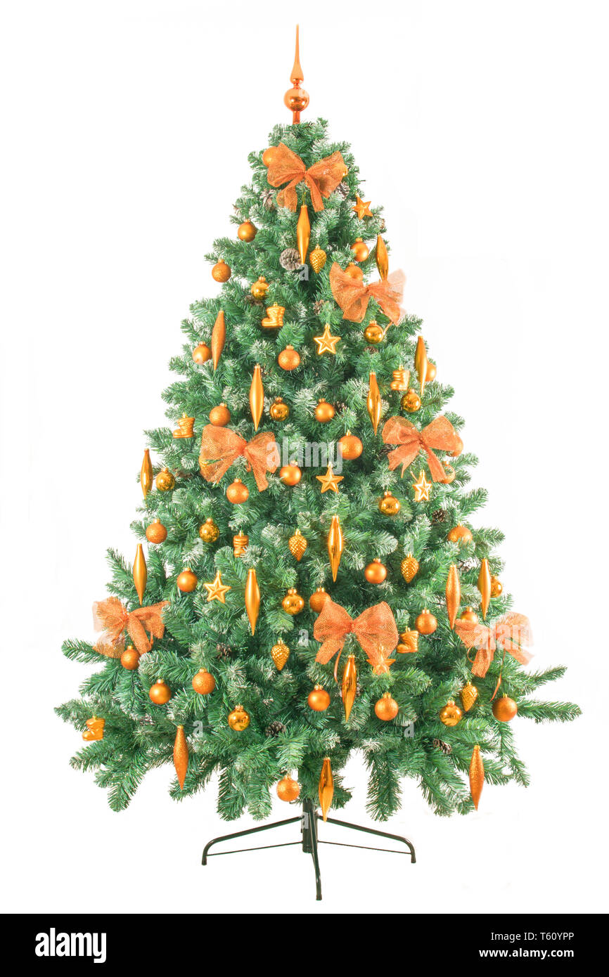 Modern Christmas tree with bronze decorations - full lenght isolated on white background Stock Photo