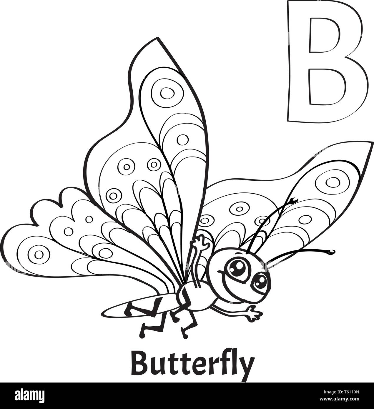Vector alphabet letter B, coloring page. Butterfly Stock Vector