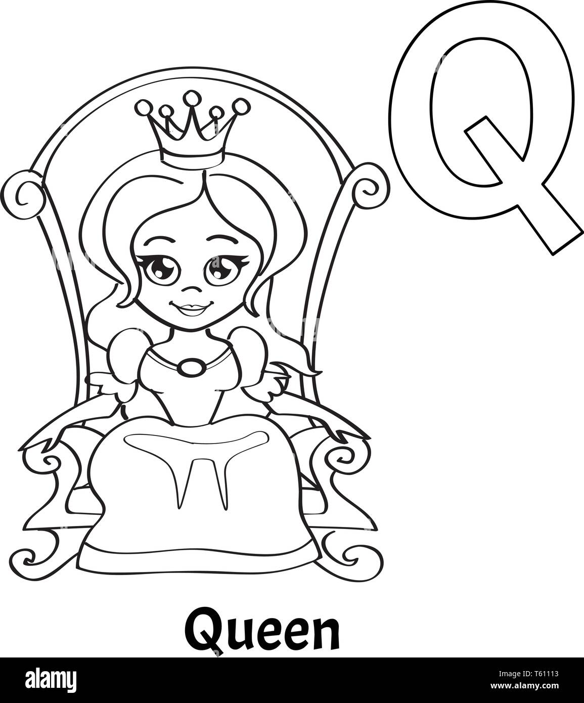 Vector Alphabet Letter Q Coloring Page Queen Stock Vector Image Art