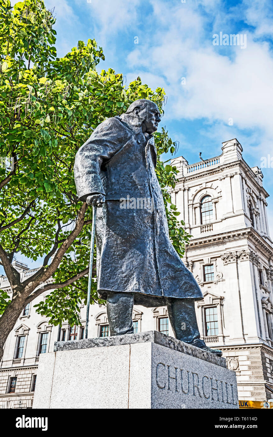 Monument of Winston Churchill opposite the parliament, Westminster, London, England Stock Photo