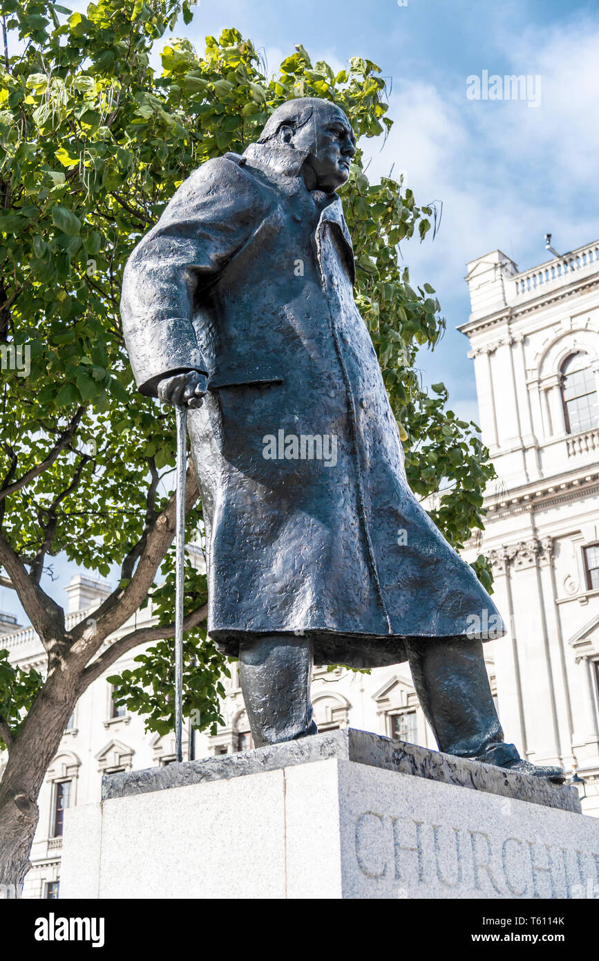 Monument of Winston Churchill opposite the parliament, Westminster, London, England Stock Photo