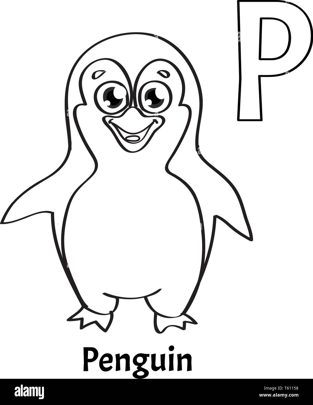 Vector alphabet letter P, coloring page. Penguin Stock Vector