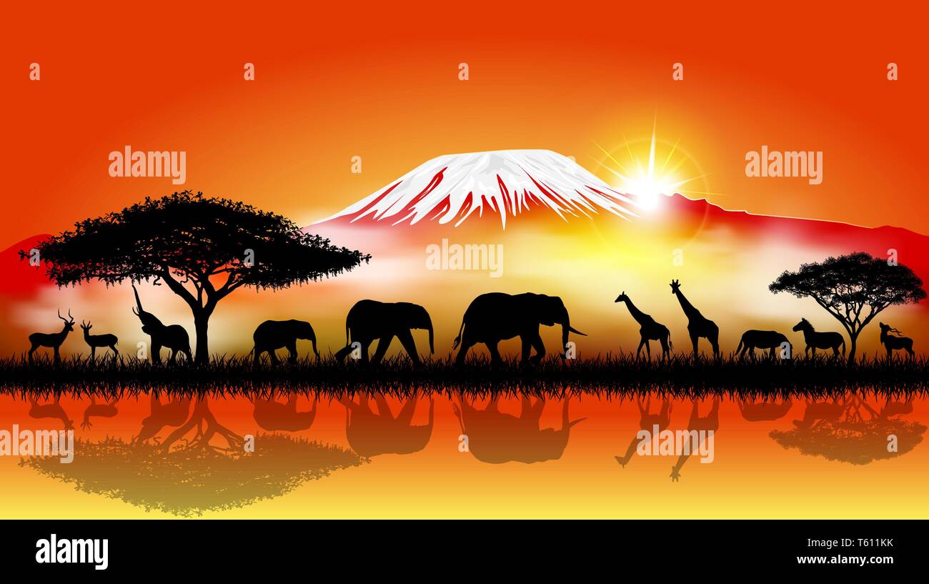 Silhouettes of wild animals of the African savanna. Stock Vector