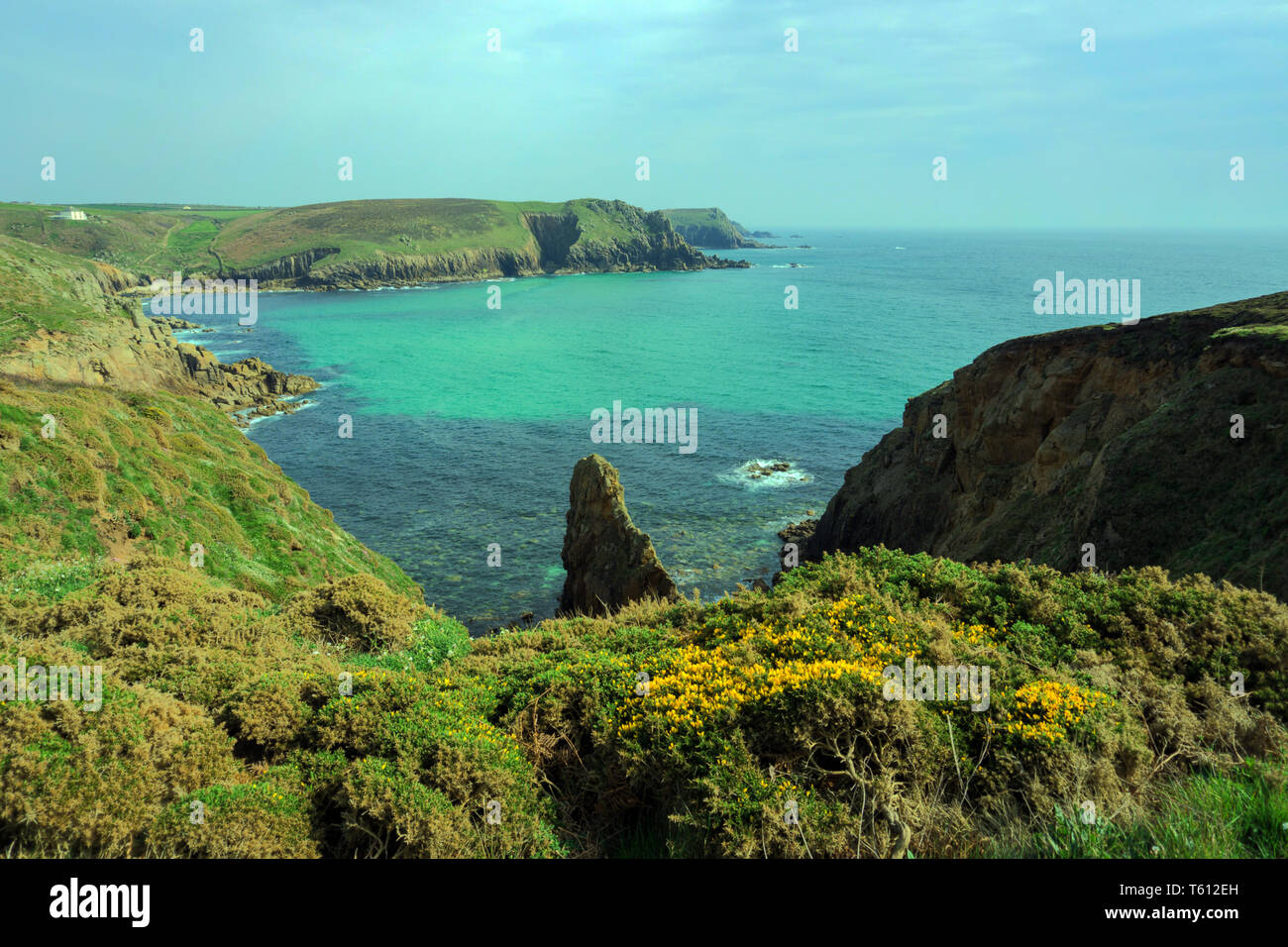 The View from the Clifftops looking towards Nanjizel, near Land's End, Cornwall Stock Photo