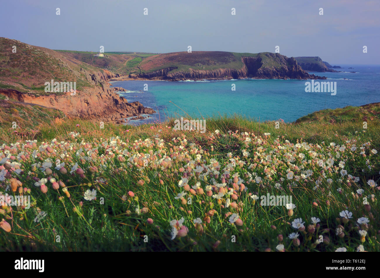 The View from the Clifftops looking towards Nanjizel, near Land's End, Cornwall Stock Photo