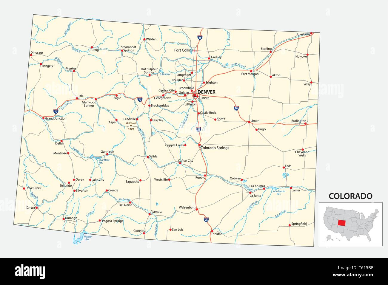 road map of the US American State of Colorado Stock Vector