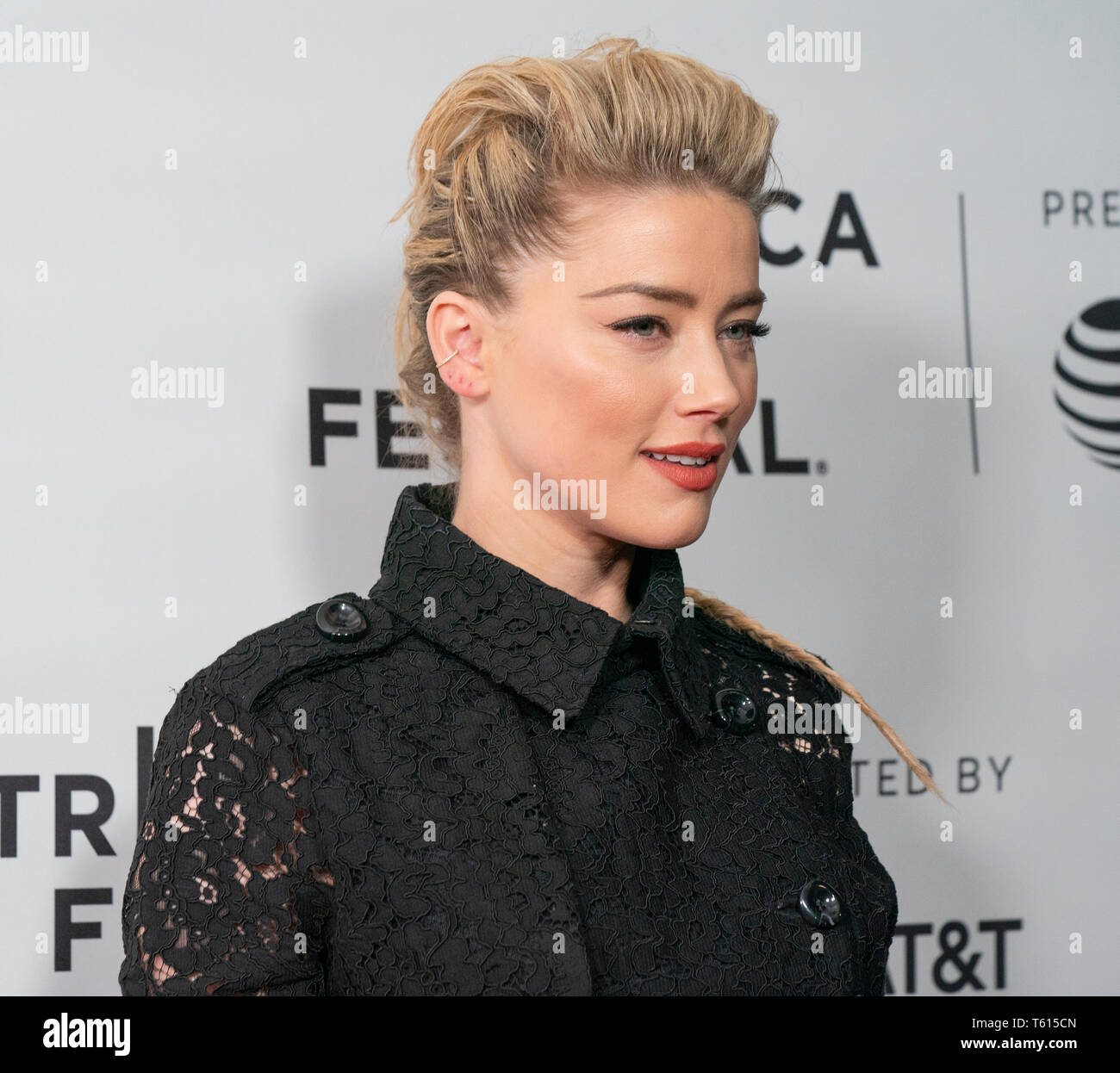 New York, NY - April 27, 2019: Amber Heard wearing dress by Claes Iversen,  shoes by Christian