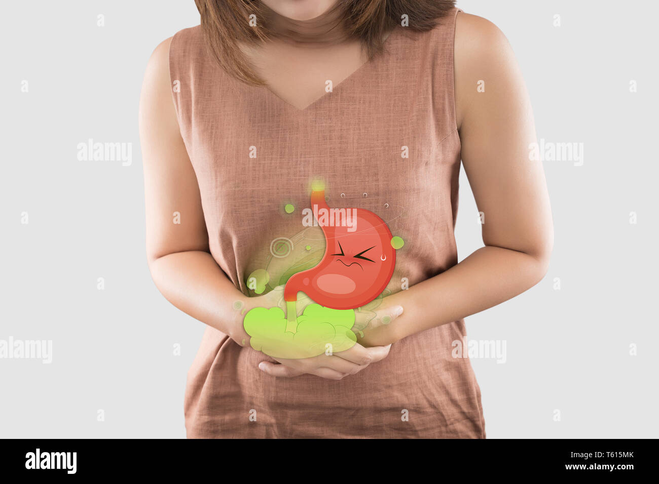 Cartoon stomach in the woman belly filled with gas the cause of