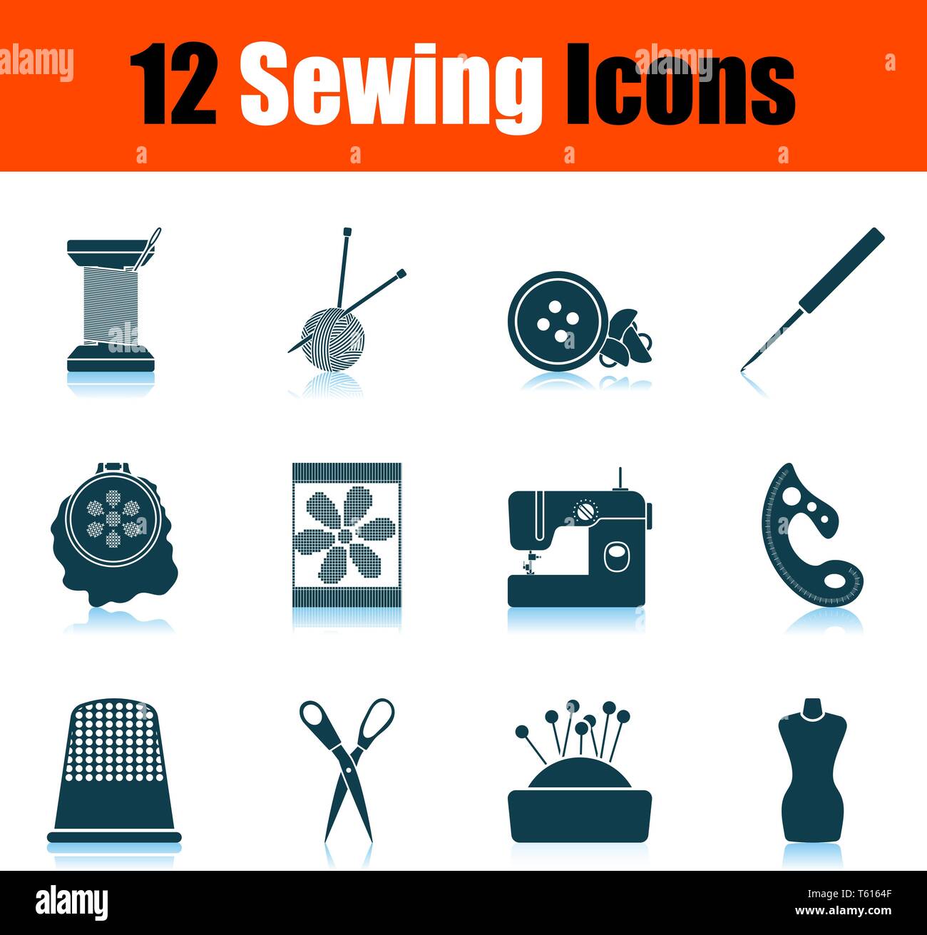 Sewing Icon Set. Shadow Reflection Design. Vector Illustration. Stock Vector