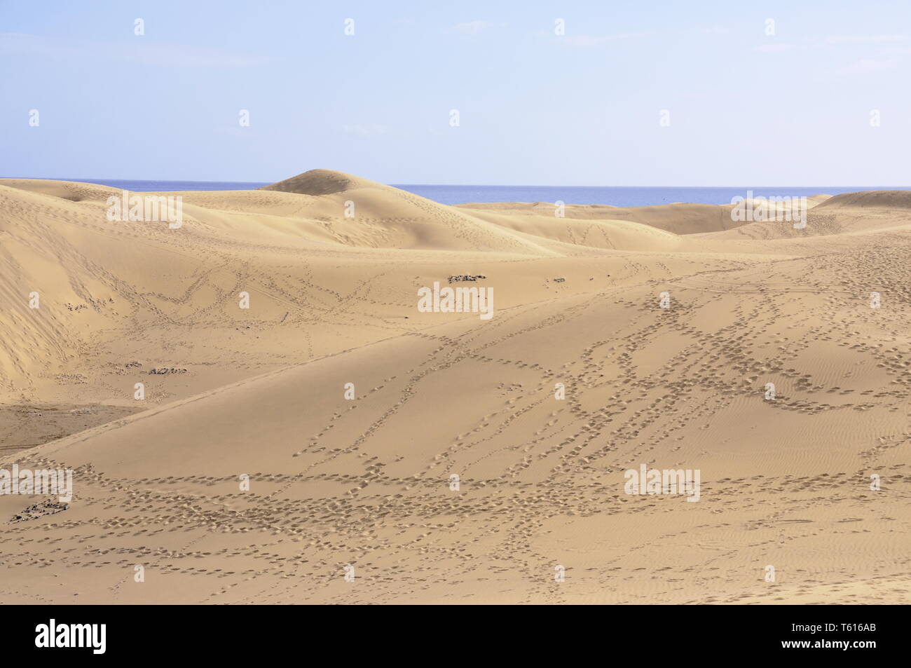 Footprints on sand dunes in desert of Maspalomas in Gran Canaria Stock Photo