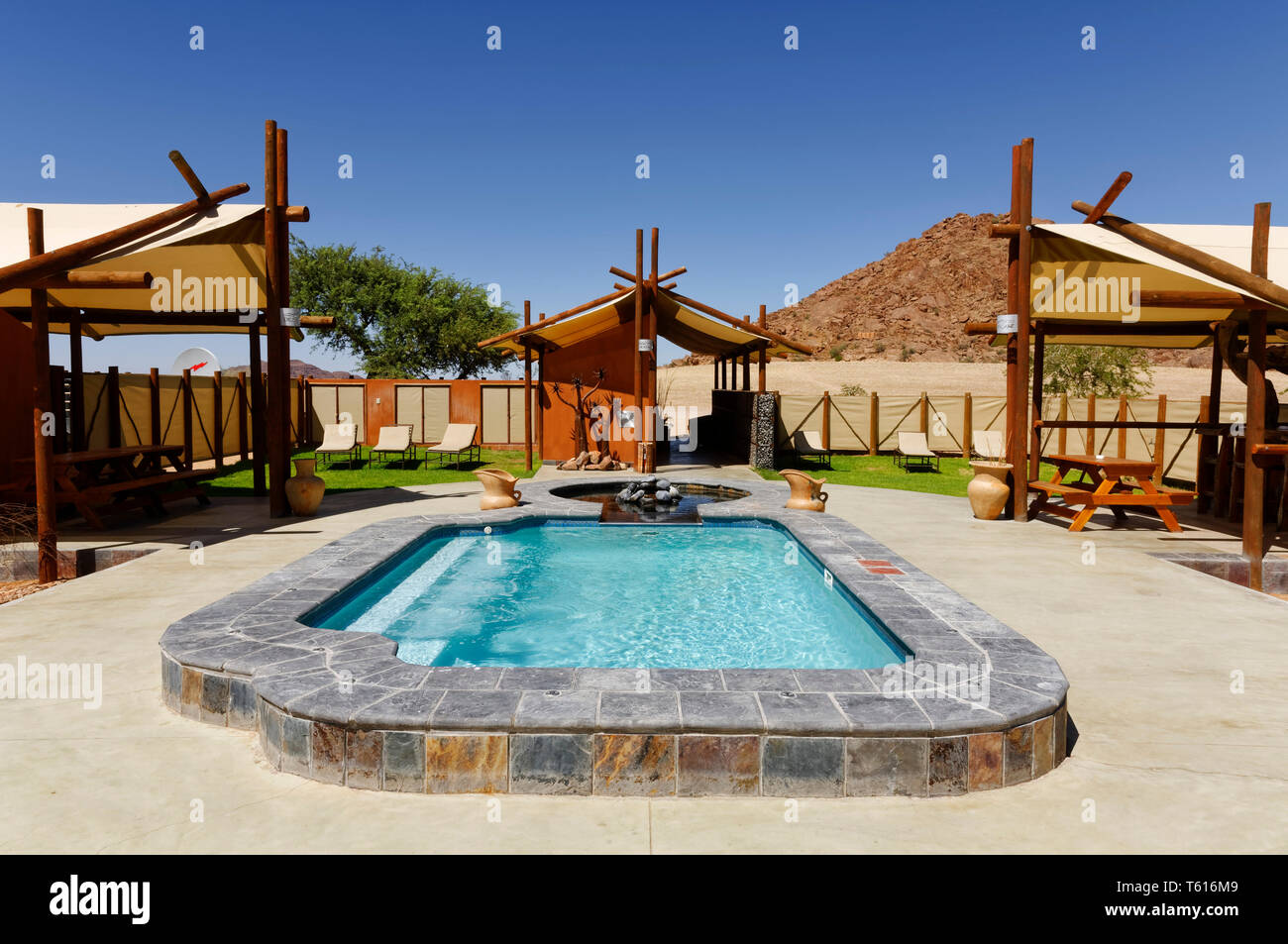 Tourist Accomodation: Pool in Desert Camp near Sesriem, Maltahöhe District, Hardap Region, Namibia Stock Photo