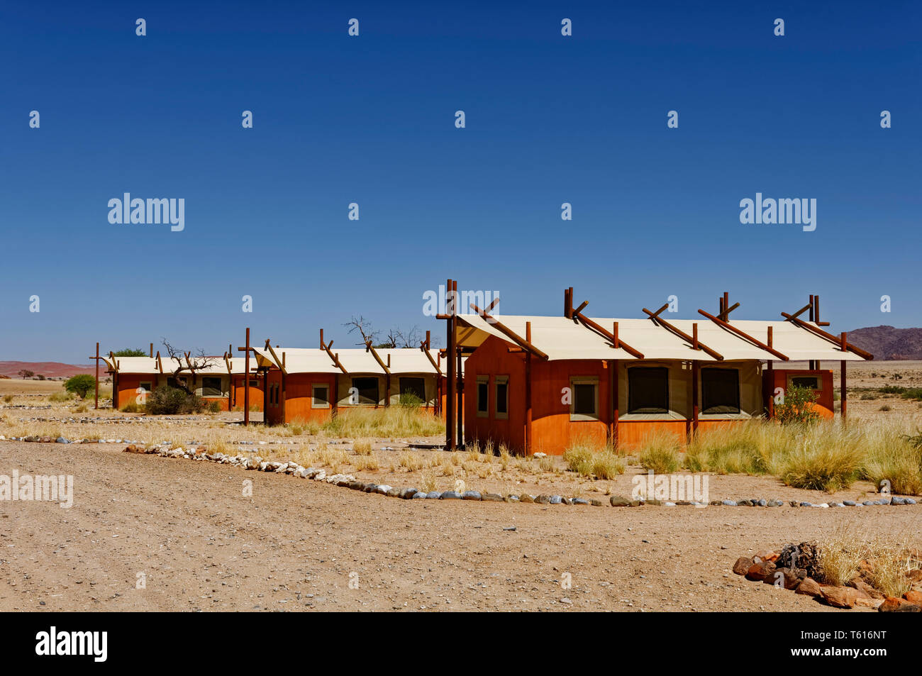 Tourist accomodation: Bungalows in Desert Camp near Sesriem, Maltahöhe, Hardap Region, Namibia Stock Photo