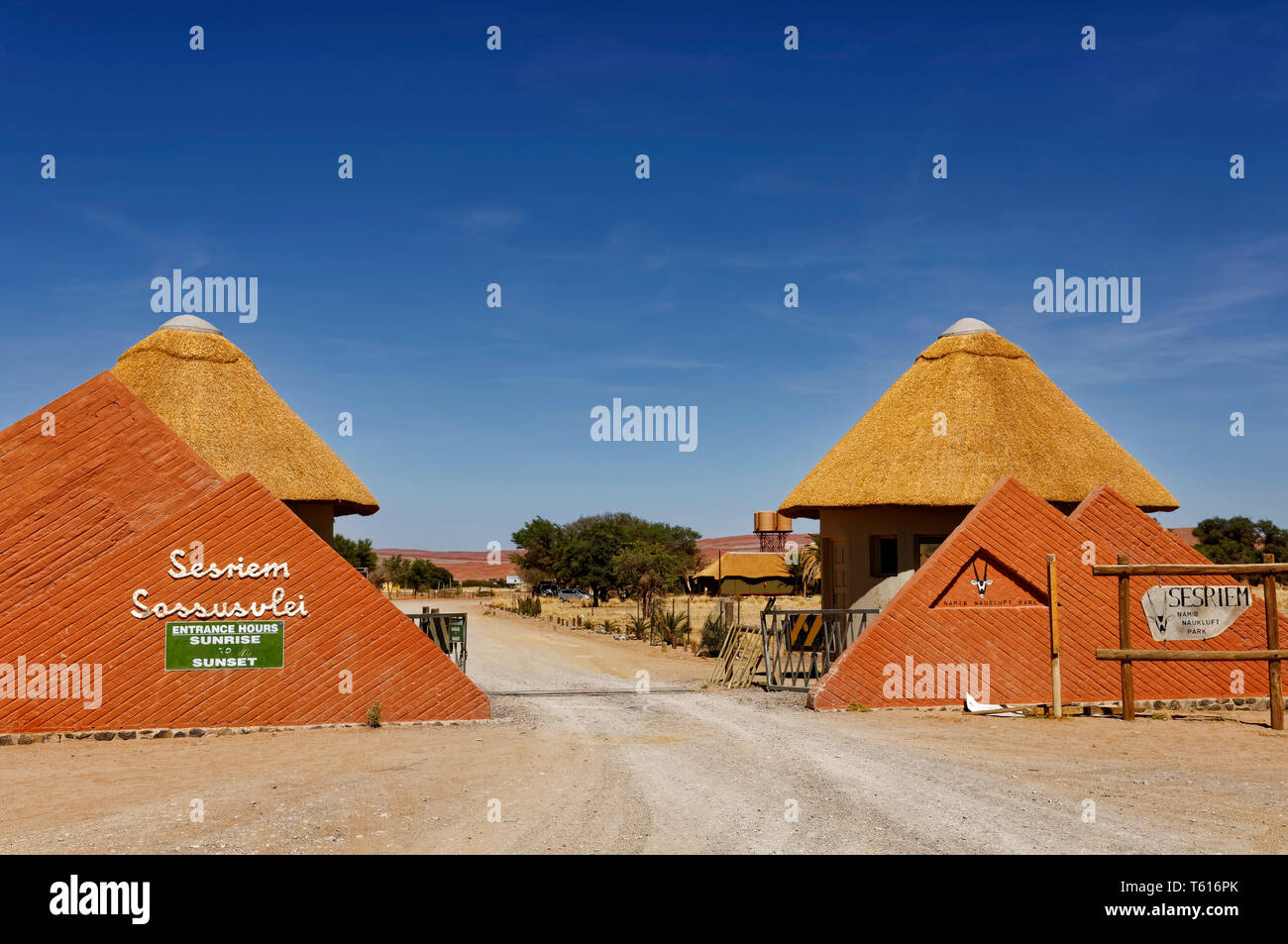 Entrance to the Namib-Naukluft-Park (Sossusvlei and Sesriem-Canyon) in Sesriem, Maltahöhe District, Hardap Region, Namibia Stock Photo
