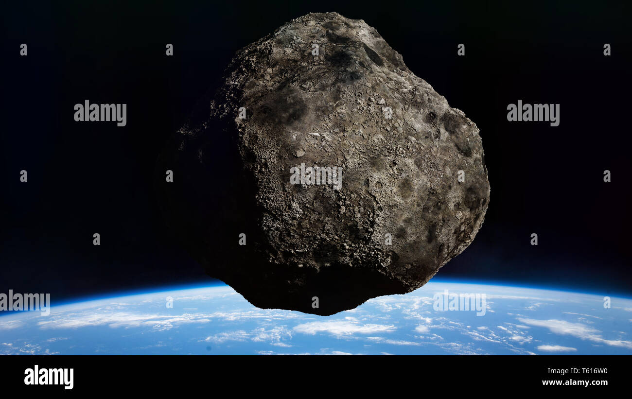 asteroid approaching planet Earth, meteorite in orbit before impact (3d space rendering, elements of this image are furnished by NASA) Stock Photo