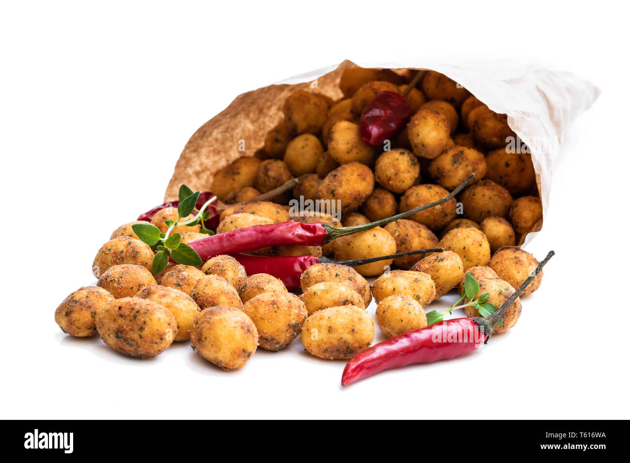Crispy chilli peanuts snacks paper bag isolated on white Stock Photo