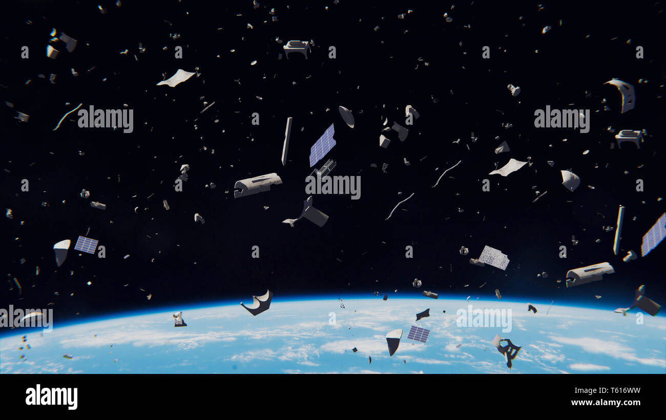 space debris in Earth orbit, dangerous junk orbiting around the blue planet (3d illustration, elements of this image are furnished by NASA) Stock Photo