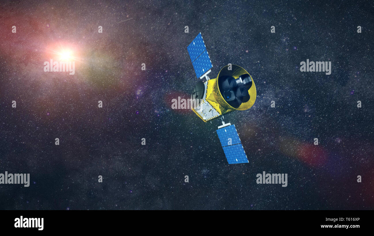 Transiting Exoplanet Survey Satellite (TESS) space telescope observing a distant star (3d illustration, elements of this image are furnished by NASA) Stock Photo